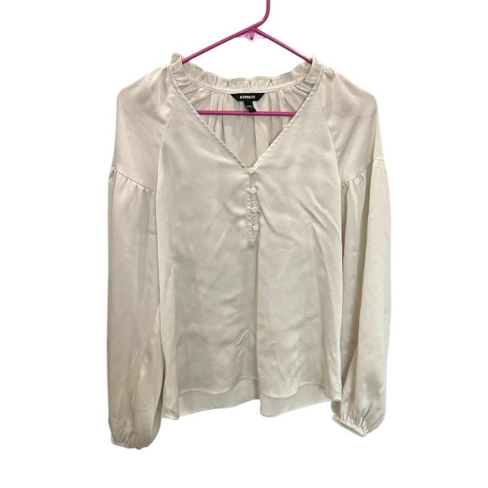 NWOT Express Satin Balloon Sleeve Ruffle Neck Blouse in Ivory Size S